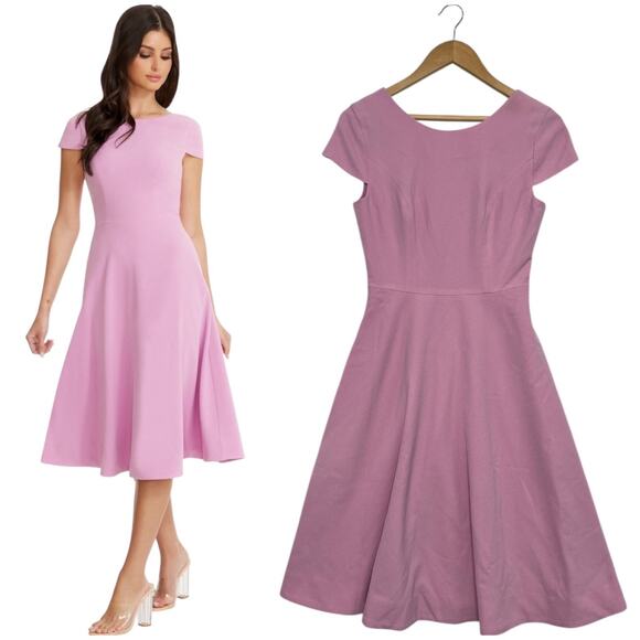 Dress The Population Livia Dress Womens Small Pink Midi Cap Sleeve Fit Flare - Picture 1 of 16